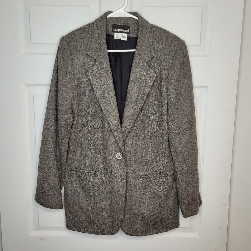 Vtg SAG Harbour gray wool blend one button blazer w/ pockets Sz 10